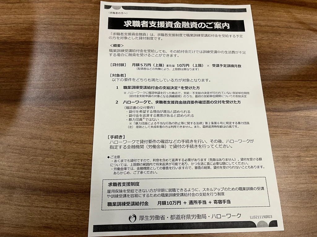 実際にもらった求職者支援資金融資制度のご案内