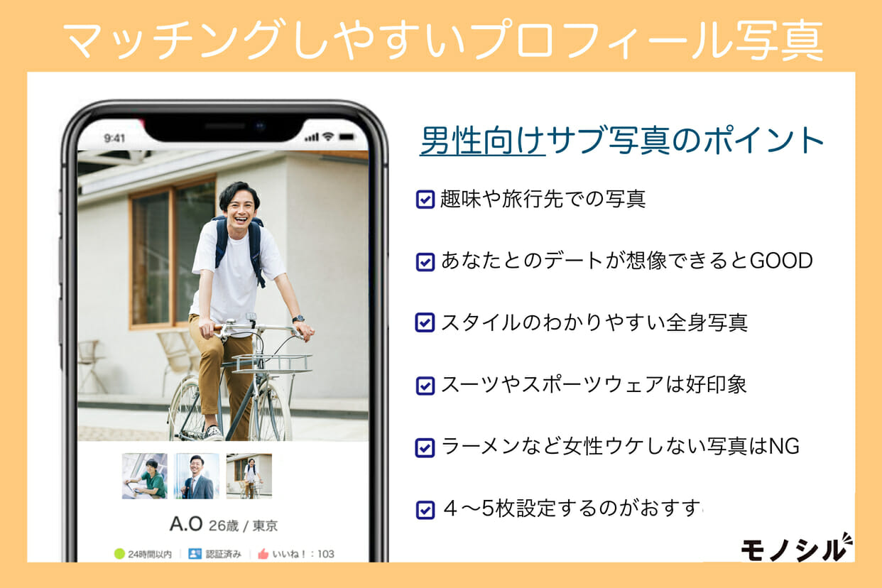 マッチングアプリでマッチしやすい男性のプロフィールのサブ写真例